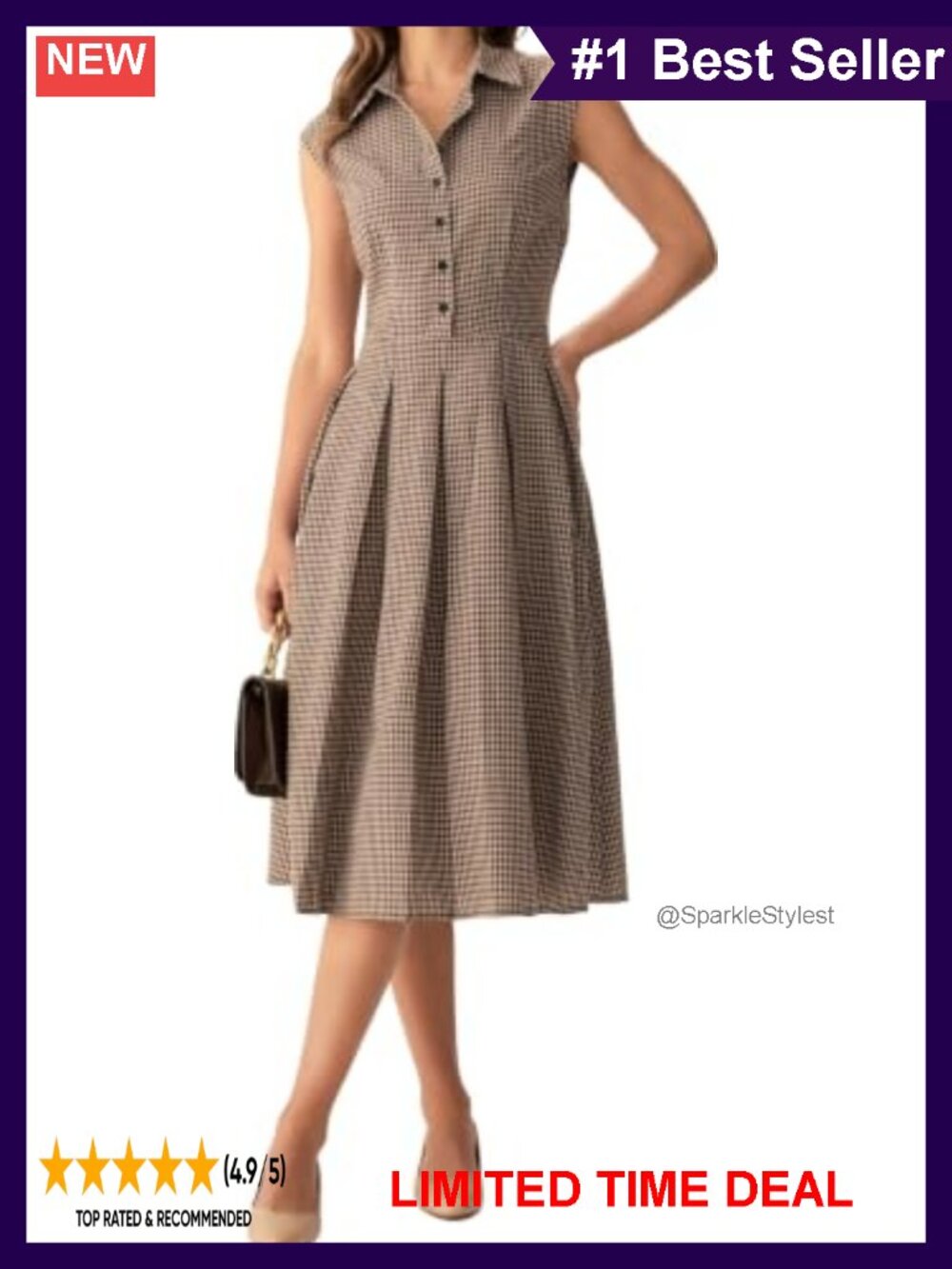 Plaid Sleeveless Button Up A Line Midi Work Office Dress